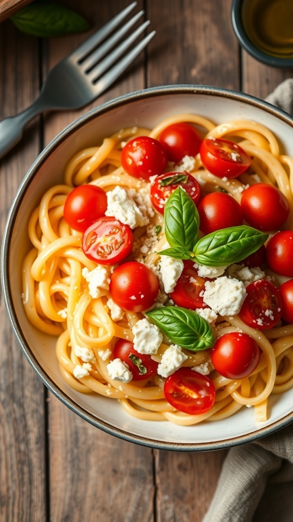 One-Pot Feta Pasta Recipe A bowl of one-pot feta pasta with cherry tomatoes and basil on a wooden table.